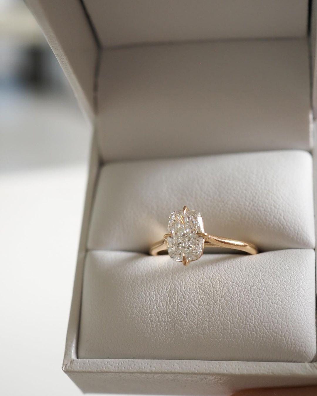 Elongated Cushion Lab Grown Diamond Engagement Ring: 14K Gold Solitaire