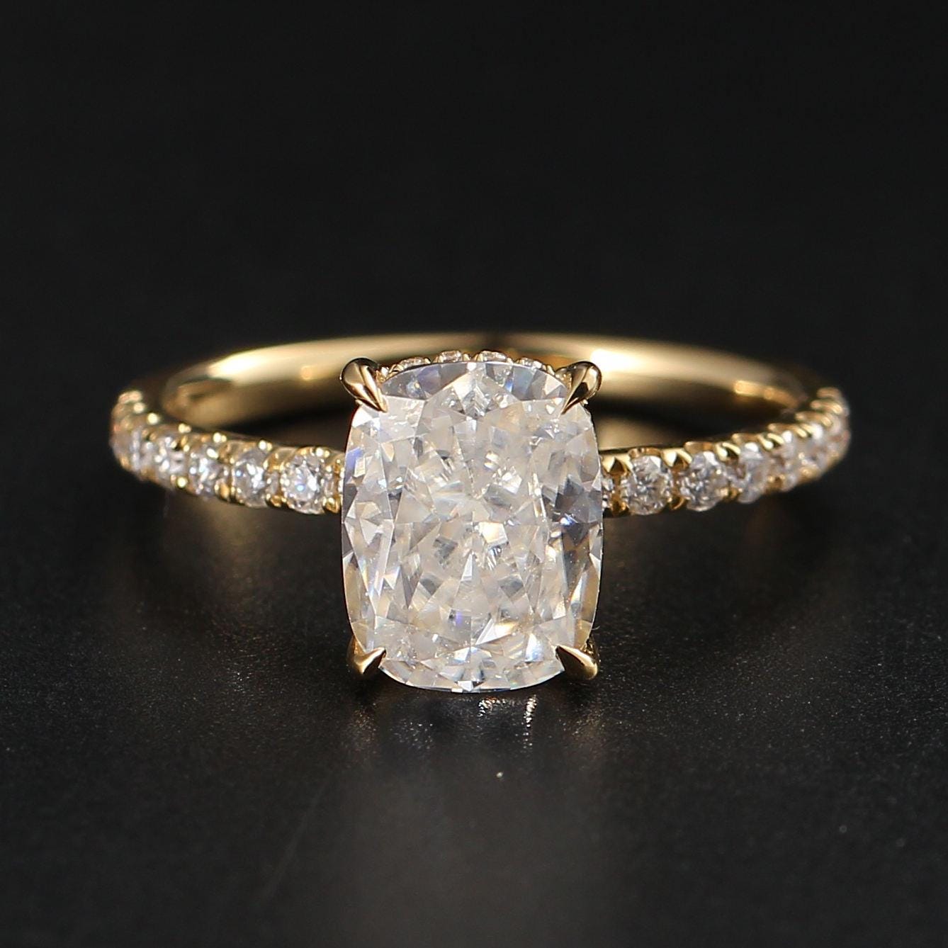 Cushion Cut Moissanite Engagement Ring: Hidden Halo Pave Band