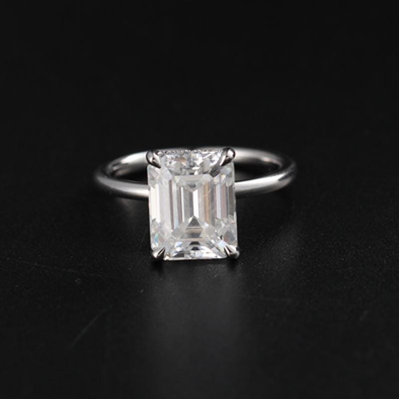 Emerald Cut Moissanite Engagement Ring: Hidden Halo Solid Gold Promise Ring