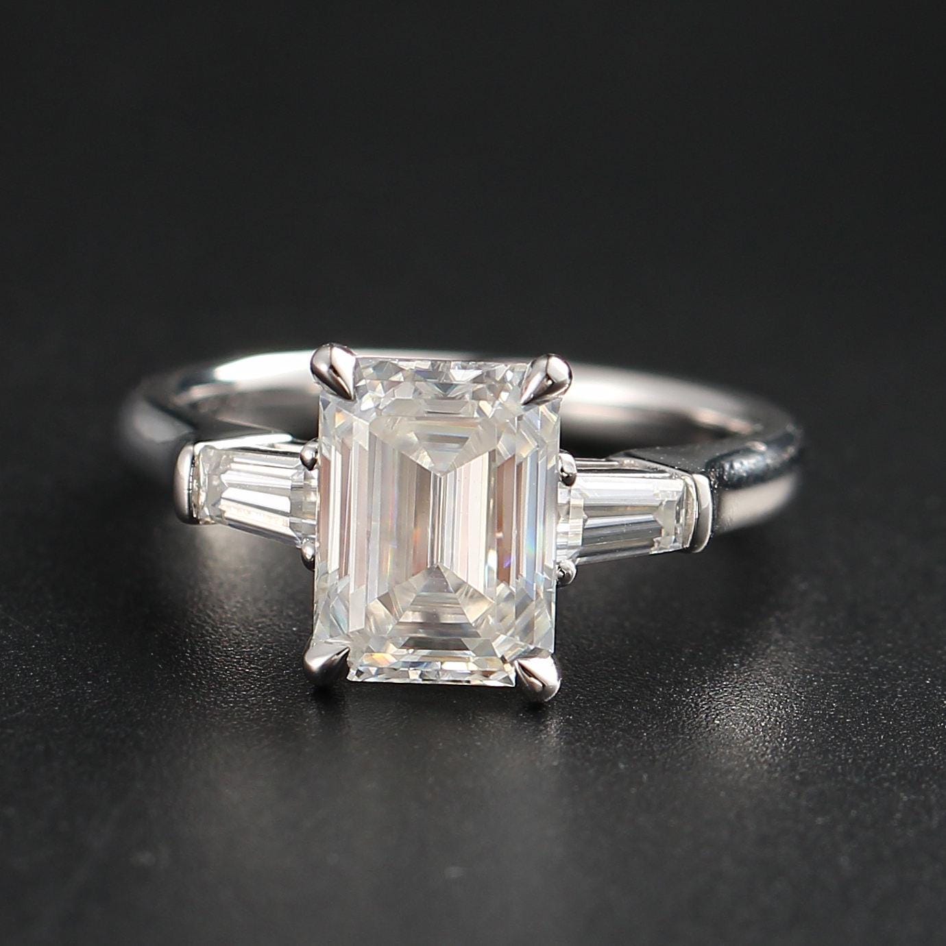 3 Carat Emerald Moissanite Engagement Ring: Tapered Baguette, Three Stone, Handmade