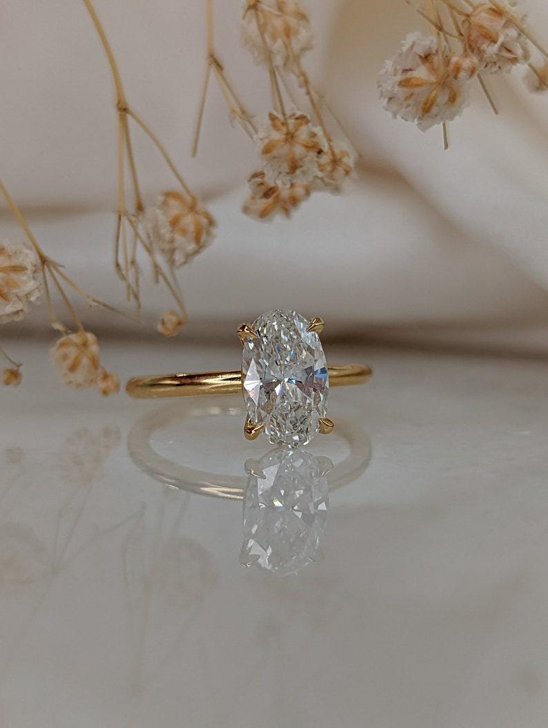 Oval Lab Grown Diamond Engagement Ring: Solid Gold Solitaire Wedding Ring
