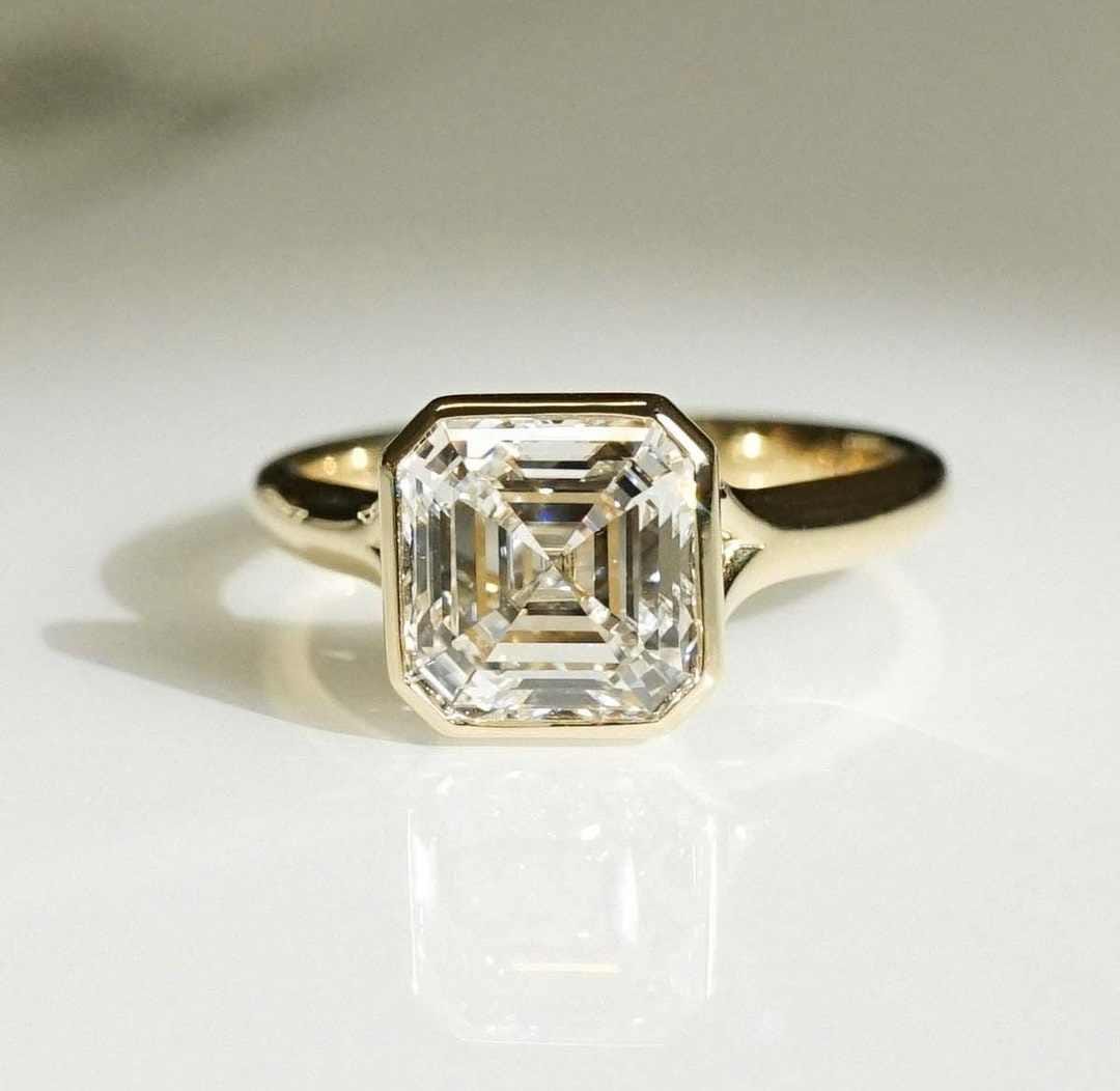 Handmade Asscher Cut Lab Diamond Engagement Ring: Bezel Set Split Shank