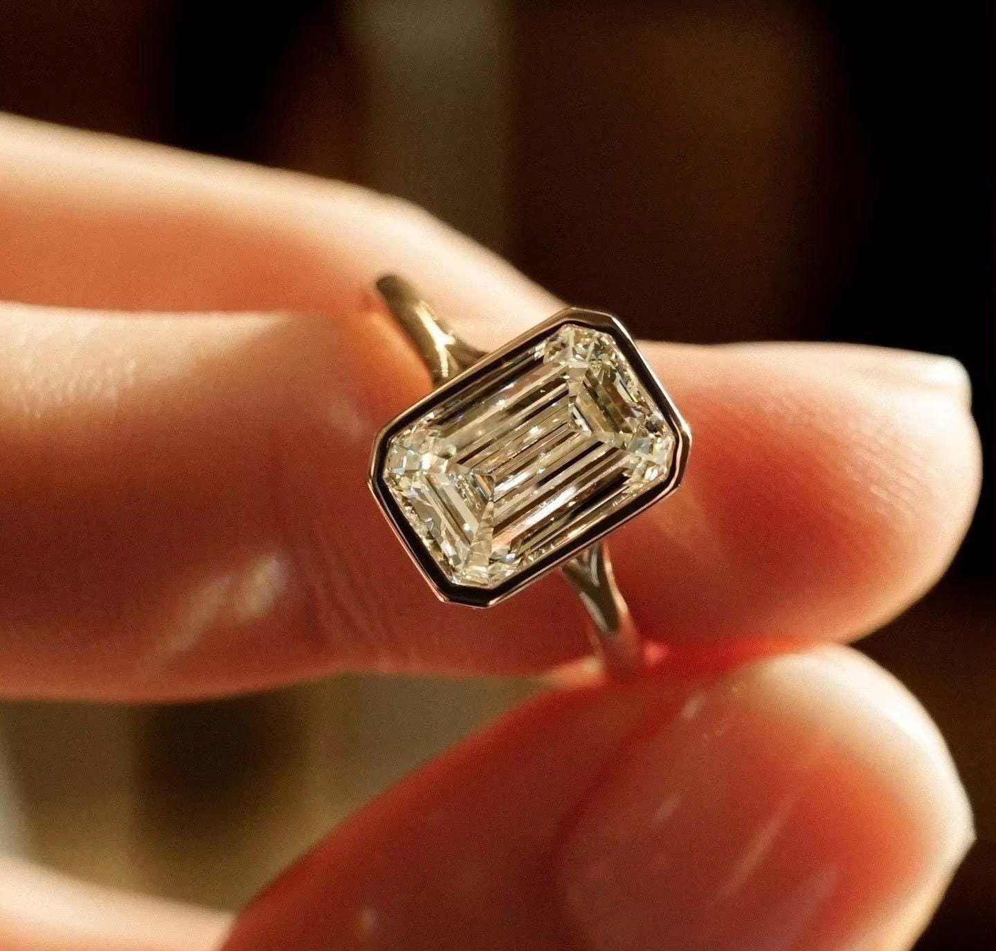 2 Carat Emerald Cut Lab Grown Diamond Ring: 14k Yellow Gold Bezel Set