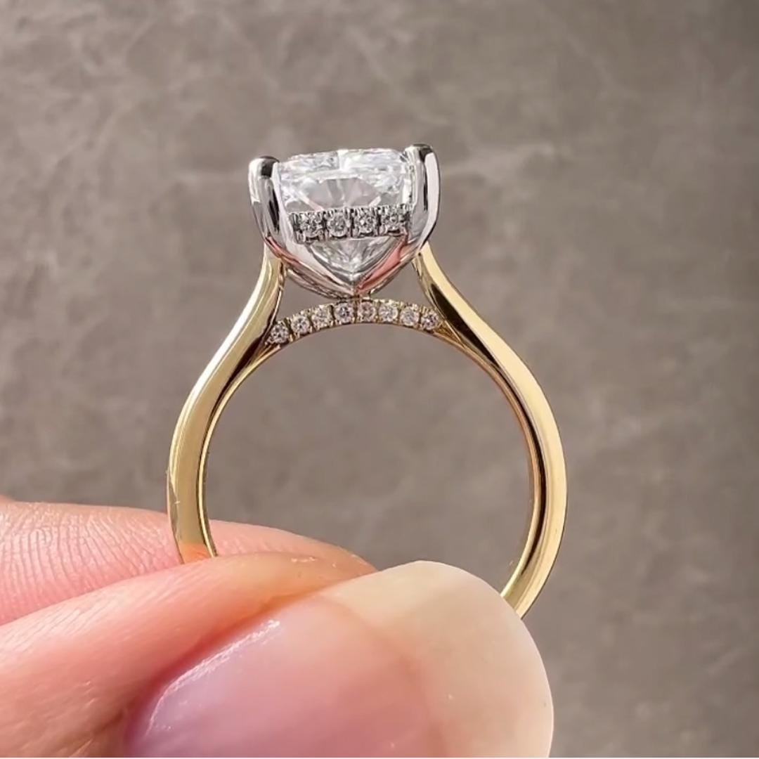 Radiant Cut Lab Grown Diamond Engagement Ring: 14K Gold Hidden Halo