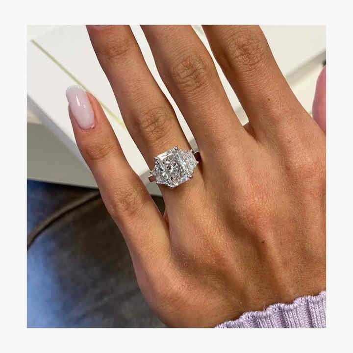 3.5 CT IGI Radiant Lab Grown Diamond Ring: 18k White Gold Trapezoid Engagement Ring