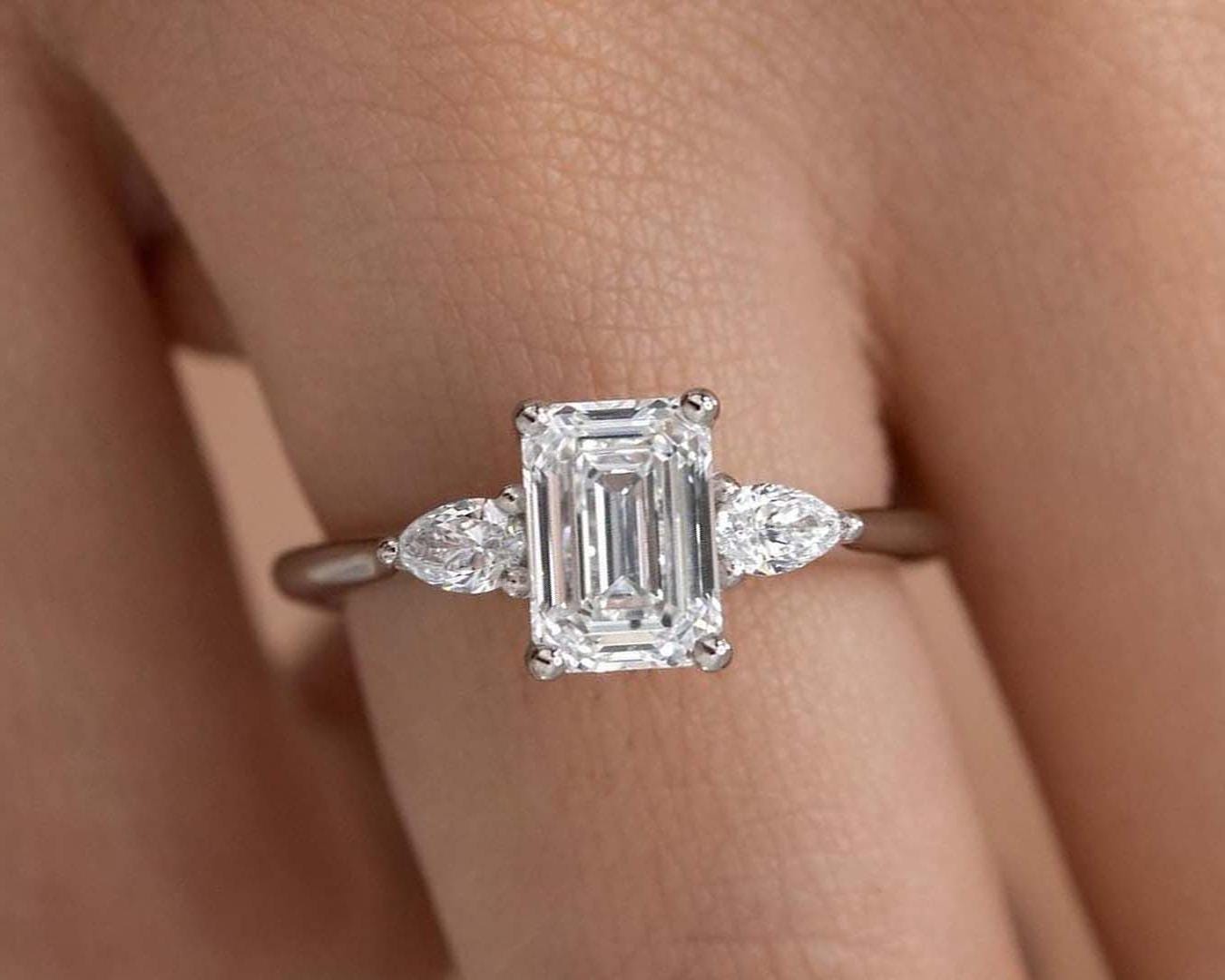 Emerald Cut Lab Grown Diamond Three Stone Engagement Ring