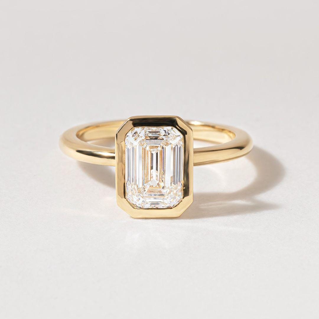 Emerald Cut Lab Grown Diamond Engagement Ring: 14k Yellow Gold Bezel Setting