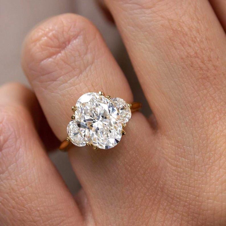 3 Carat Oval Lab Grown Diamond Ring: 14K Gold Half Moon Trilogy