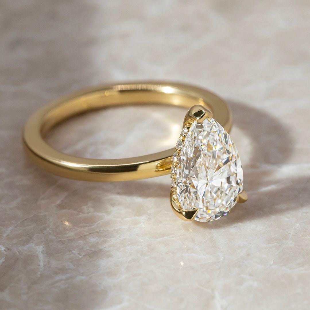 Pear Cut Lab Grown Diamond Engagement Ring: 14k Gold Solitaire, IGI Certified