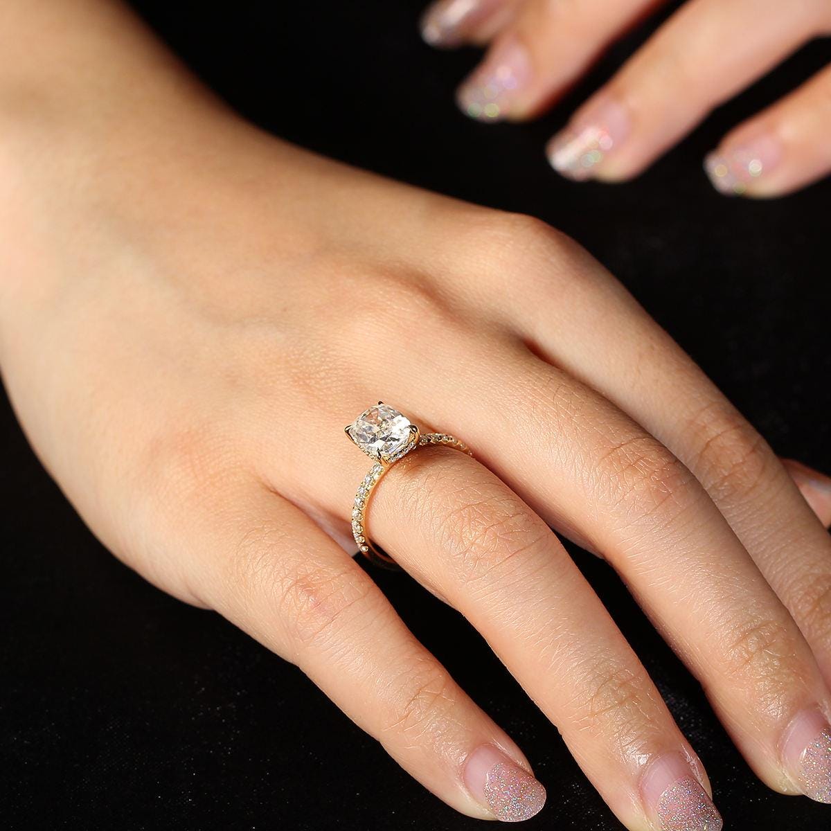 Cushion Cut Moissanite Engagement Ring: Hidden Halo Pave Band