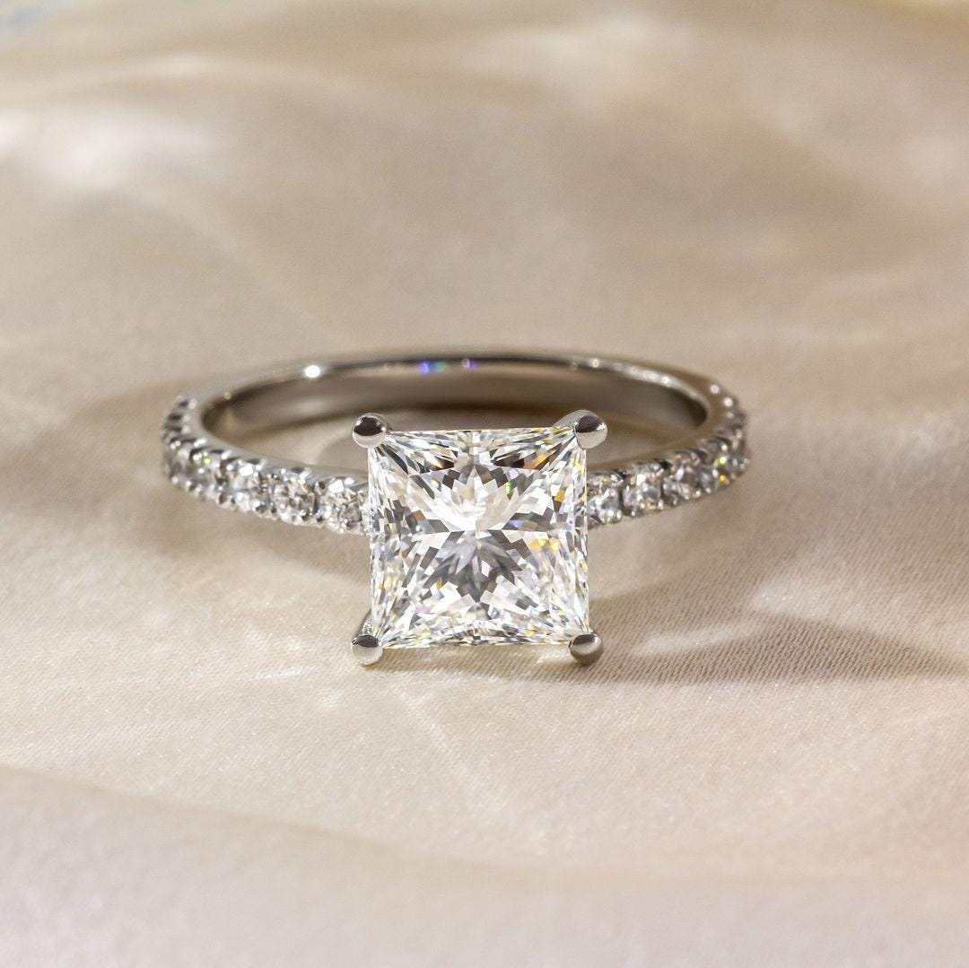 Princess Cut Lab Grown Diamond Engagement Ring: 14K Gold Pave Setting