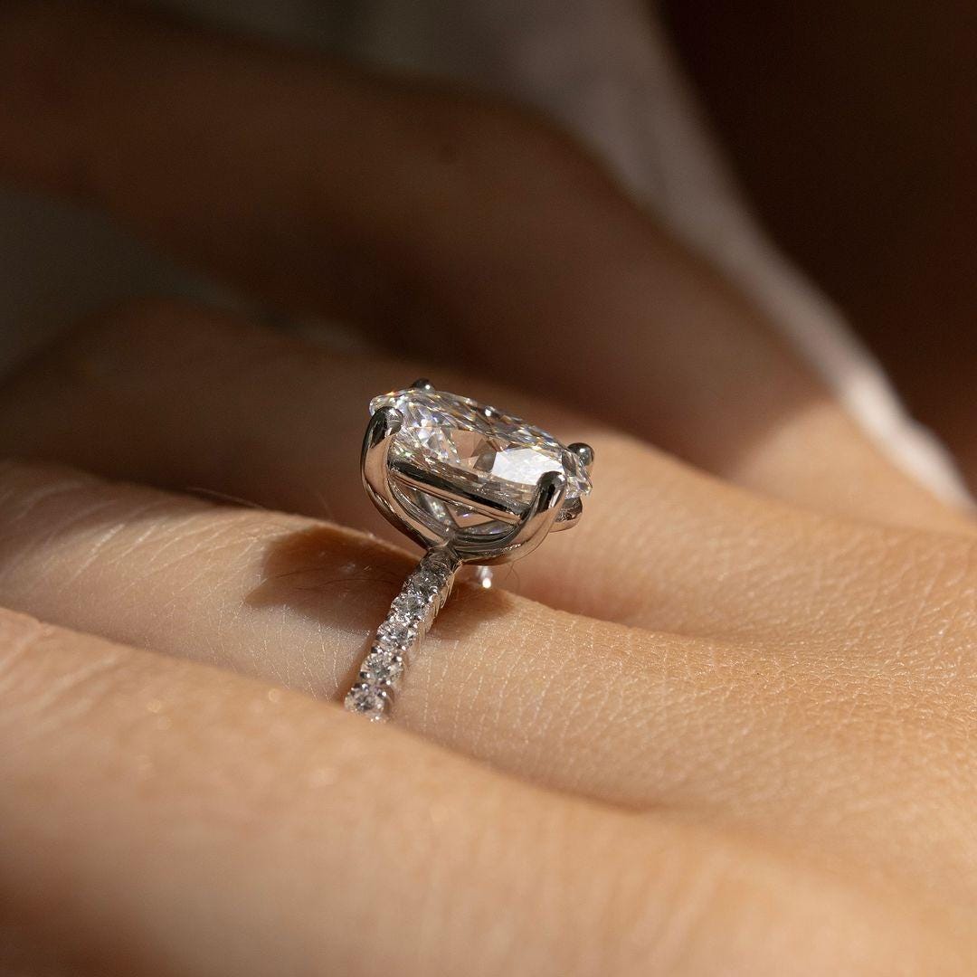 Oval Lab Grown Diamond Engagement Ring: Pave Setting, CVD Diamond