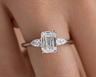 Emerald Cut Lab Grown Diamond Three Stone Engagement Ring - Image 1