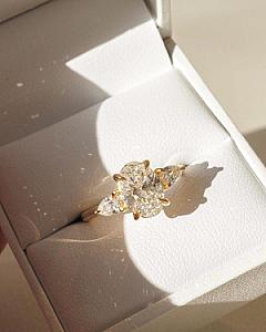 Oval Lab Grown Diamond Three Stone Engagement Ring: 14k Gold, Pear Side Stones - Image 3