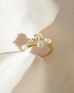 Oval Lab Grown Diamond Three Stone Engagement Ring: 14k Gold, Pear Side Stones - Image 2