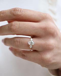 Oval Lab Grown Diamond Engagement Ring: Three Stone Pear Side Stones, Hammered Band - Image 2