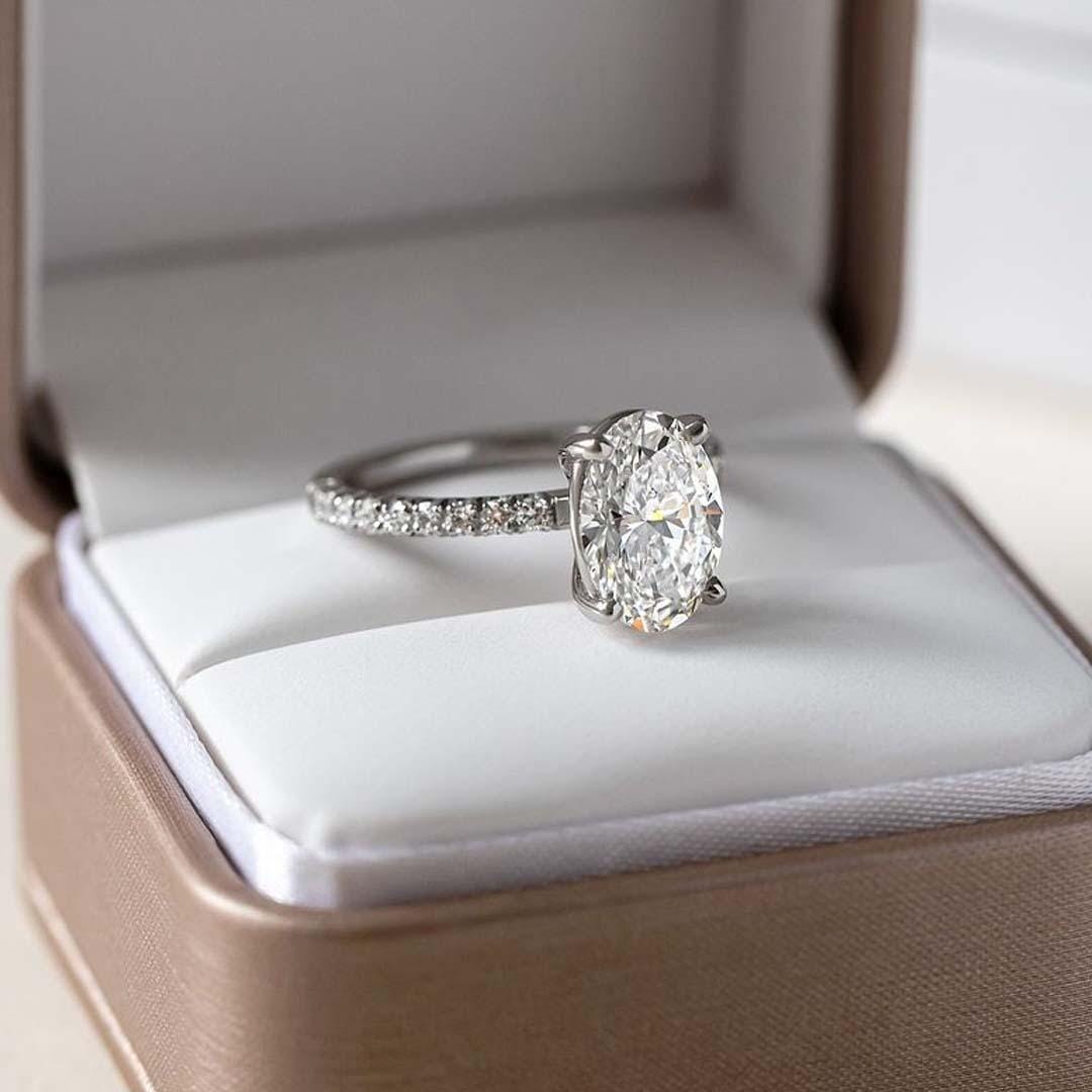 Oval Lab Grown Diamond Engagement Ring: Pave Setting, CVD Diamond