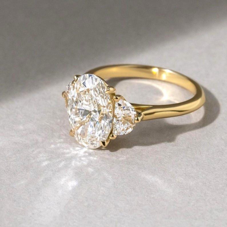 3 Carat Oval Lab Grown Diamond Ring: 14K Gold Half Moon Trilogy
