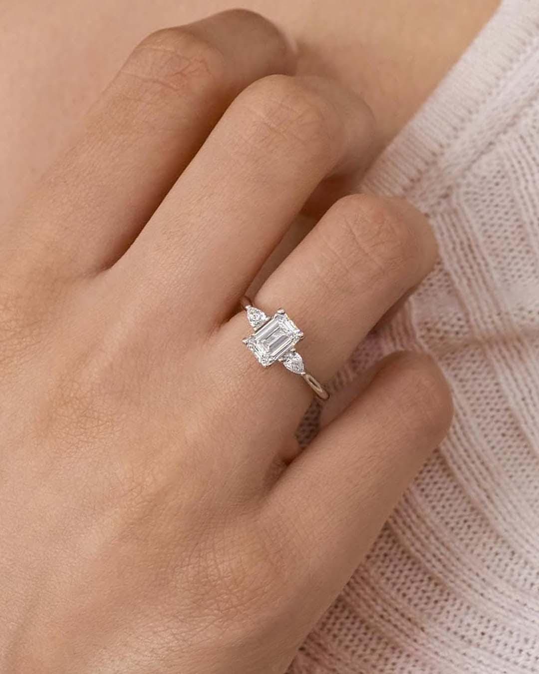 Emerald Cut Lab Grown Diamond Three Stone Engagement Ring