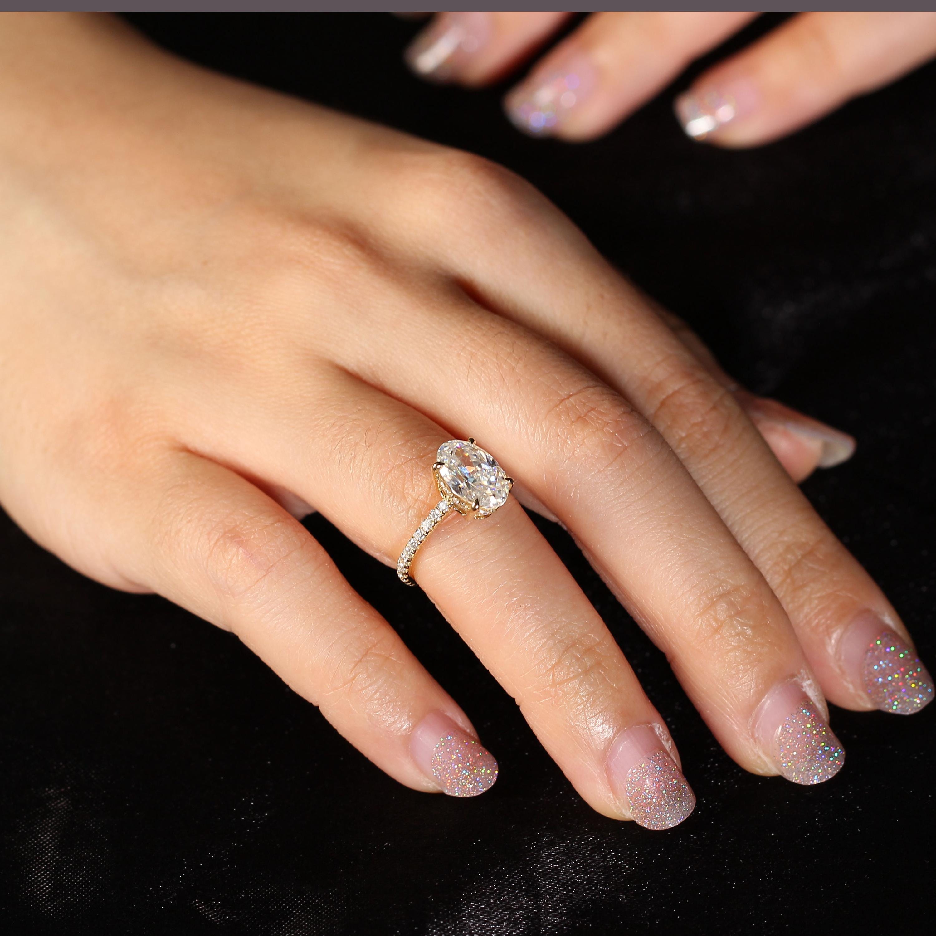 Oval Moissanite Engagement Ring: 14k Gold Hidden Halo, Half Eternity Band