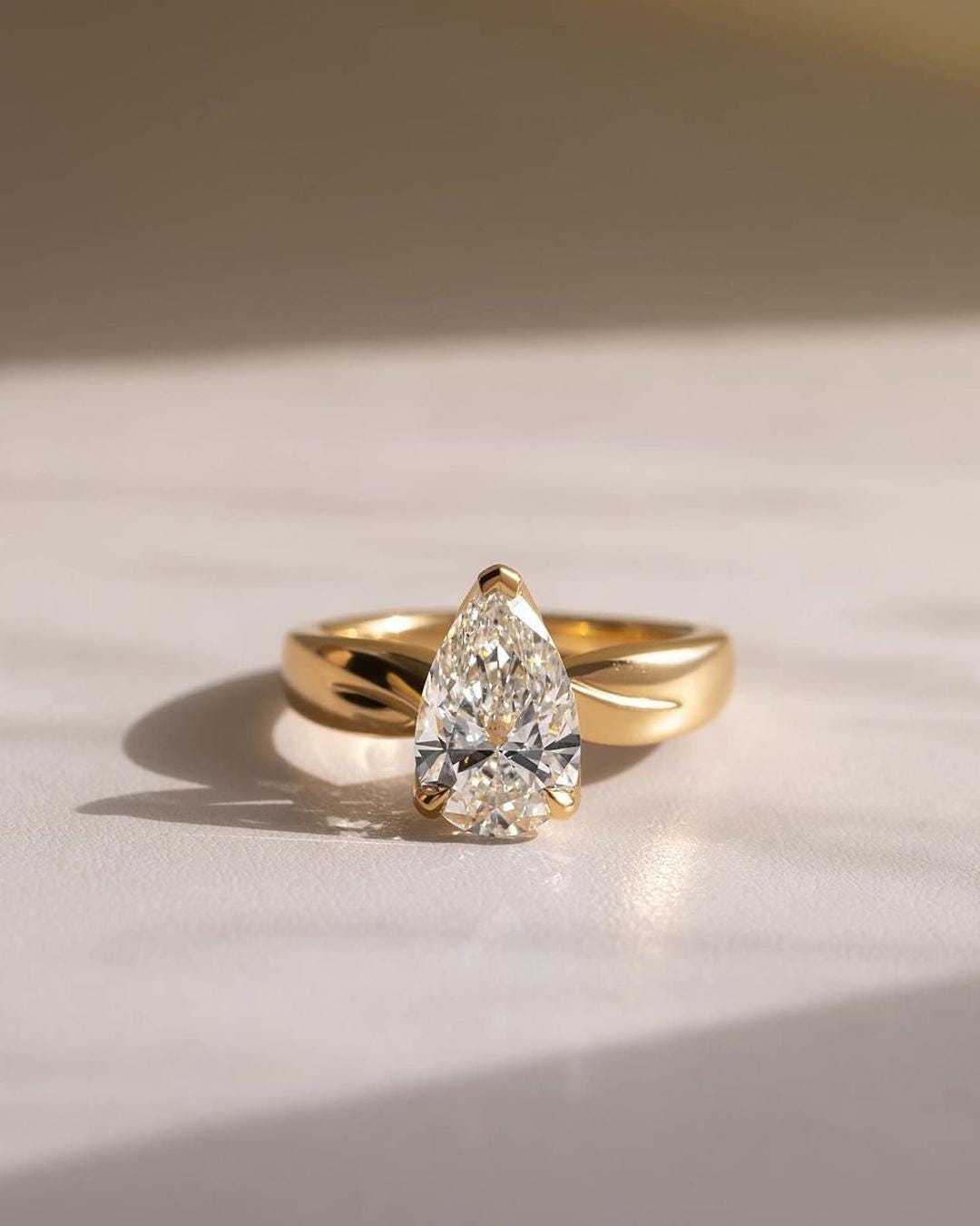 Pear Cut Lab Grown Diamond Engagement Ring: 14K Gold Solitaire