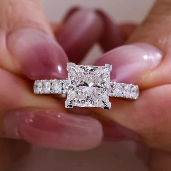 Princess Cut Lab Grown Diamond Engagement Ring: 14K Gold Pave Setting